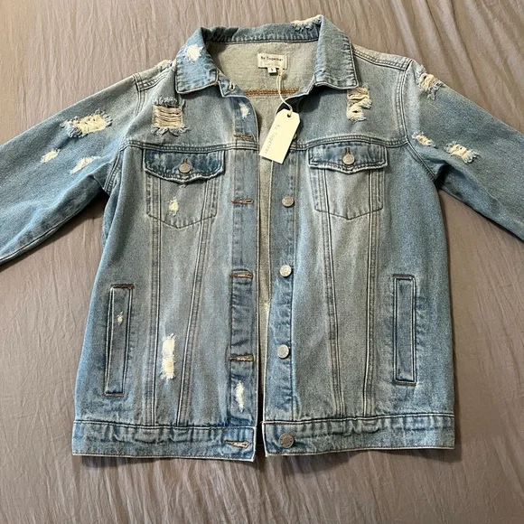 (NWT) Light Denim Distressed Jean Button Up Jacket - Picture 4 of 10